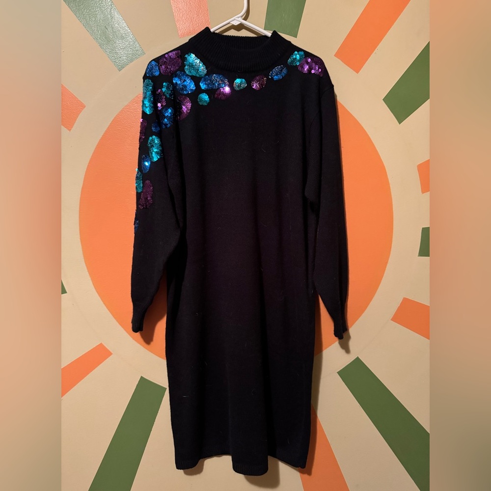 Black 1980s Sweater Dress with Sequin Pattern 2X